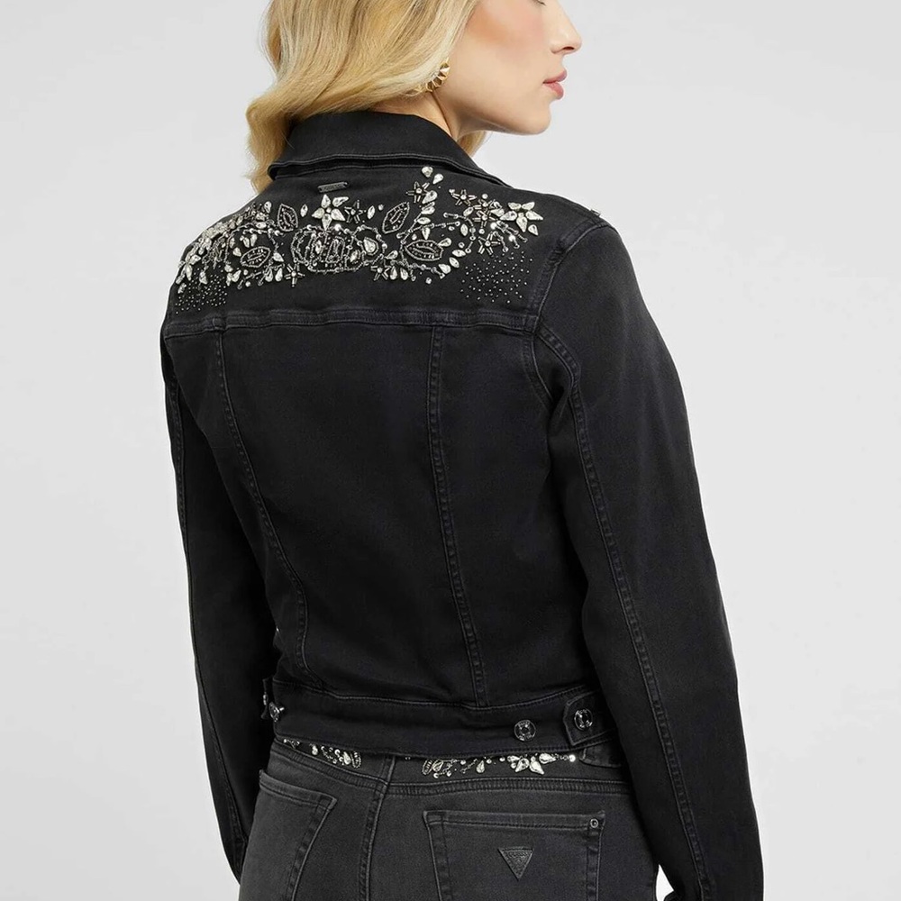 Guess Black Jean Jacket Classic Style with Rhinestones & Beading.